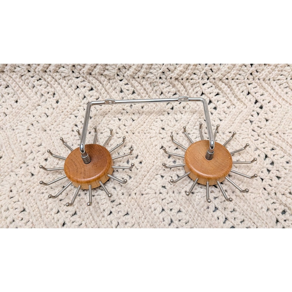 Vintage MCM Wood Chrome Rotating Dual Wheel Wall Mount Tie Belt Rack Organizer